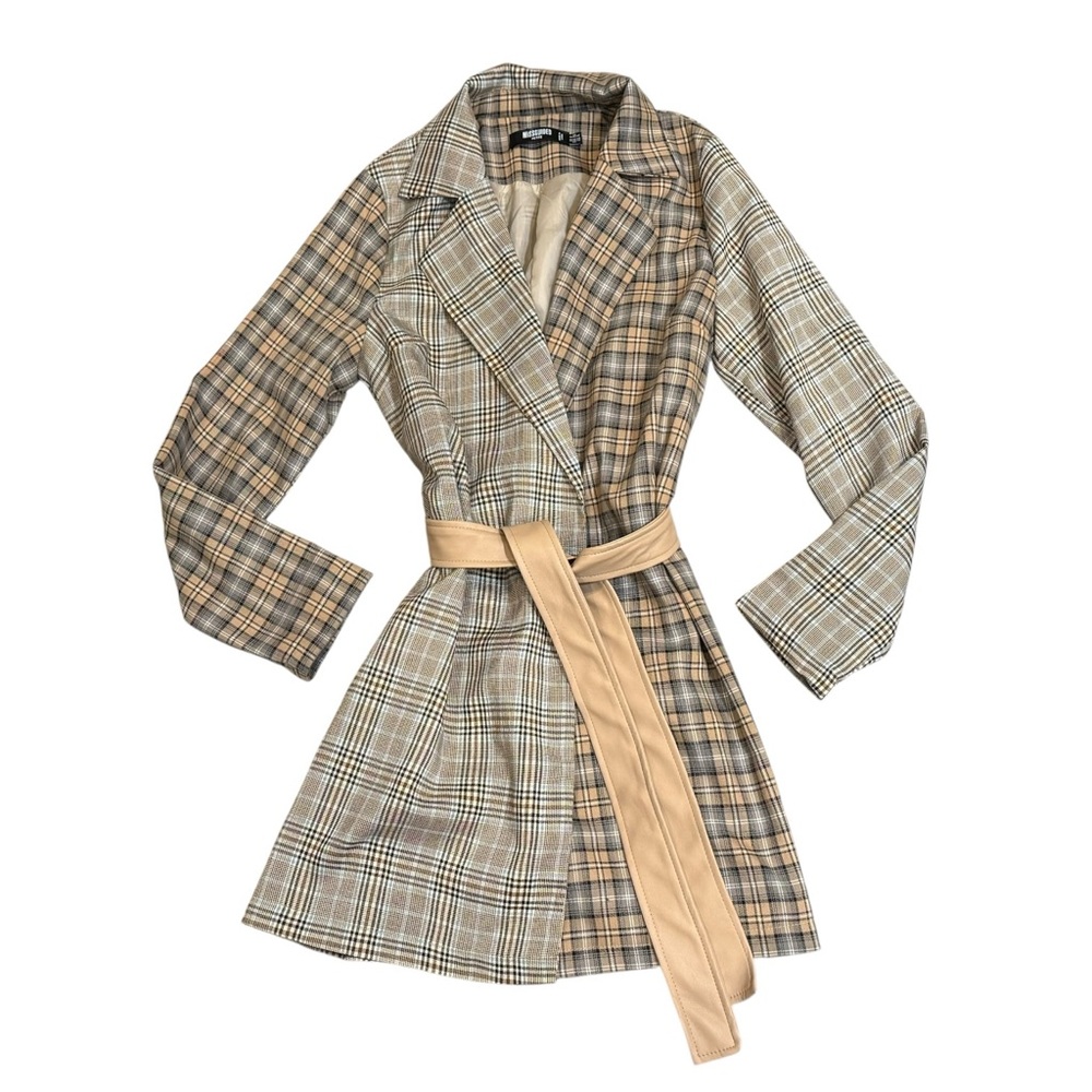 Missguided Checkered Trench‎ Coat tailored belted blazer plaid sz 4P tartan prep